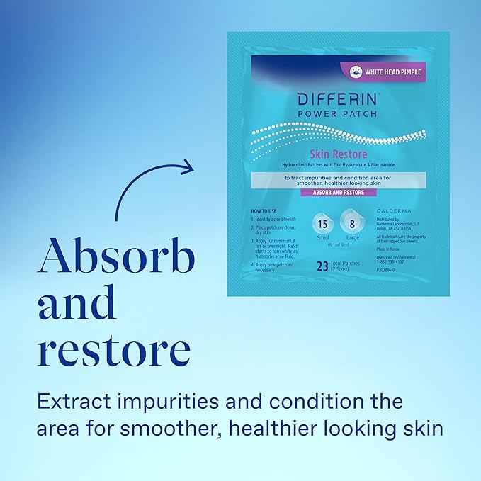 Differin Power Patches for White Head Pimples, Hydrocolloid Patches formulated with Zinc Hyaluronate and Niacinamide, 4-in-1 Hydrotech™ Formula, Helps Absorb Impurities and Restore Skin, 23 ct