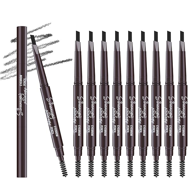 Berinist 12pcs Black Waterproof Eye Brow Pencils for Women, Retractable Dual-End Eyebrow Pencil with Brush, Triangular Tip Design, Easier to Define and Fill in Eyebrows for Natural Brow Shape