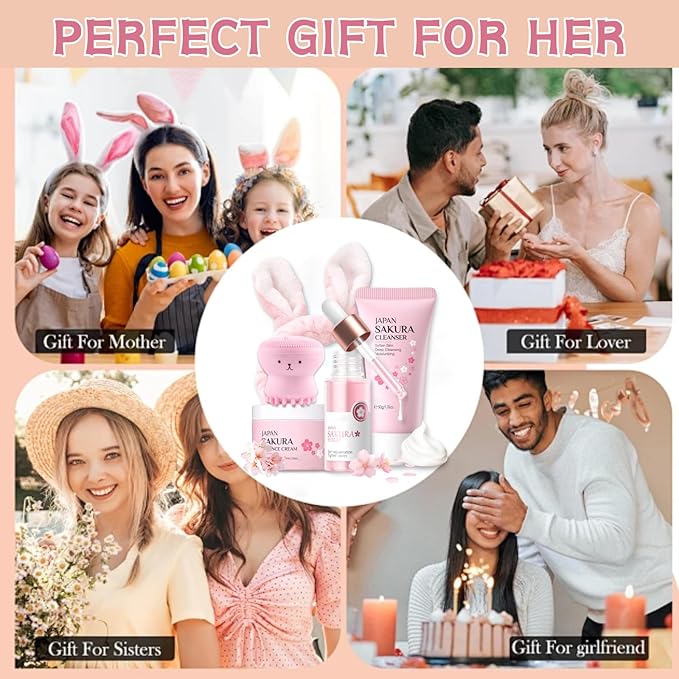 Skincare Set Sakura Teen Girls Gifts - Skin Care Set - Skincare for Teens 10-12 Hydrating - Travel Size Facial Kit for Women with Cleanser,Serum,Cream,Bunny Headband,Cleansing Brush（5pcs）