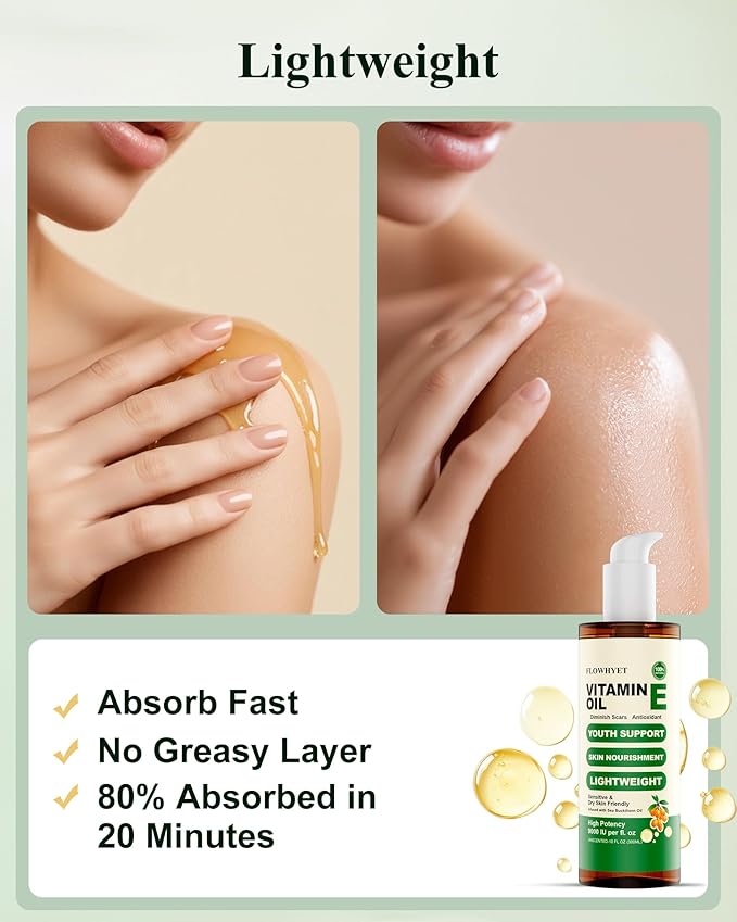 FLOWHYET 10 Floz Organic Vitamin E Oil, Pure Nail Oil vit e for Face, Skin, Body, Hair vitamins, Nourish Dry Skin, Maintain Youthful, Antioxidant, Fade Scars, Non-Greasy - 300ml