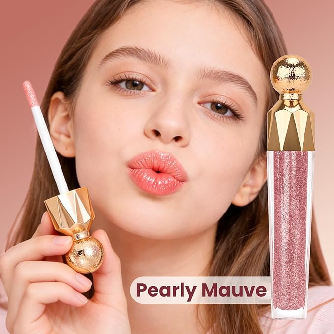 Shimmering Lip Gloss, High-Shine Moisturizing Lip Oil for Plumping, Non-Sticky Sparkling Lip Glow Oil, Long Lasting Hydrating Lip Balm for Dry Lips, Ultra-Glossy Finish(03#Pearly Mauve)