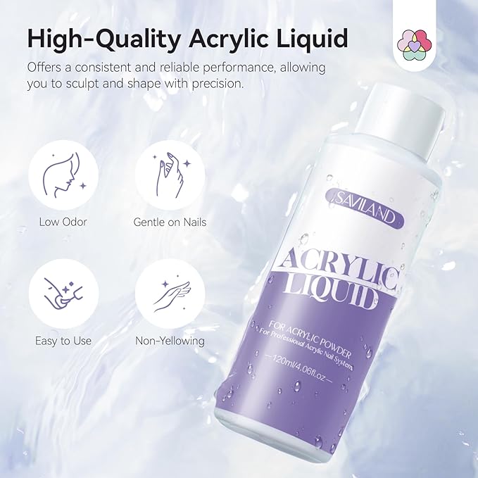 SAVILAND Monomer Acrylic Nail Liquid: 4.06 fl oz MMA-Free Acrylic Liquid Monomer with #12 Brush for Beginners, DIY Nail Art Extensions 3D Sculpting Non-Yellowing Low-Odor Formula for Home or Salon