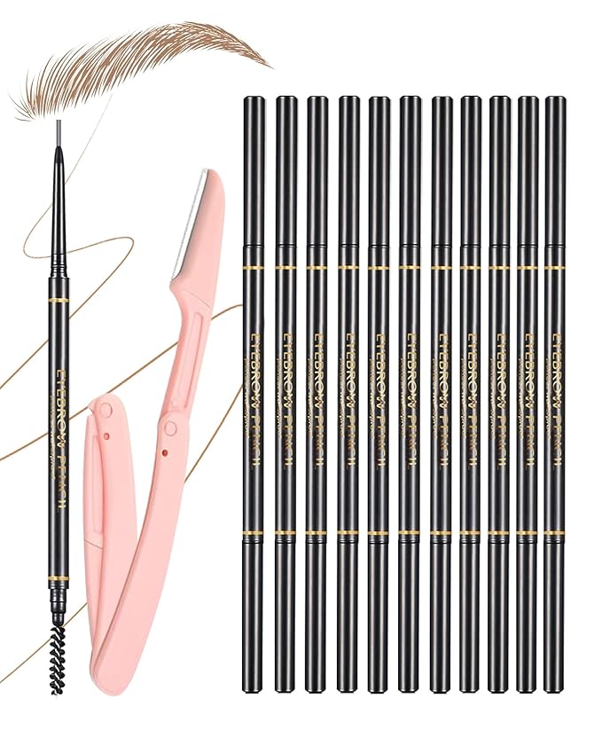SUMEITANG Light Brown Eyebrow Pencils for Women, 12Pcs Ultra Slim Eyebrow Pencil with 2 Brow Razors Kit, Double Head 1.5mm Micro-Fine Tip & Spiral Brush, Can Draw Fine and Long-Lasting Brows Makeup