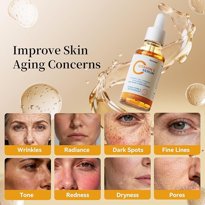 Vitamin C Serum for Face, 20% Natural Vitamin C Facial Serum with Sodium Hyaluronat Vitamin E, Anti Aging & Wrinkle Face Serum for Dark Spots & Fine Lines, All Type Skin Care 1 fl.oz+0.05 fl.oz x 10e