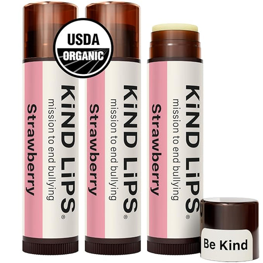 Kind Lips Organic Strawberry Lip Balm 3-Pack – Fruity, Sweet, and Long-Lasting Lip Care • 100% Natural, Clean, Gluten-Free, Grain-Free • Made in USA • Everyday Value chapstick Set