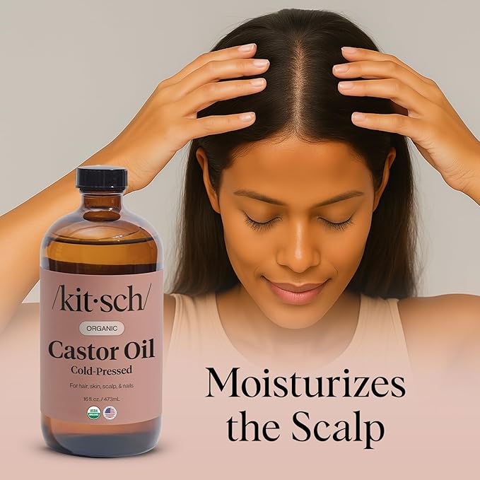 Kitsch Organic Castor Oil for Hair Growth - 100% Pure Castor Oil, Organic Cold Pressed Unrefined Glass Bottle for Face, Skin, Lashes, Brows, Scalp, Nails & Belly Button | Ideal Gifts for Women- 16 oz