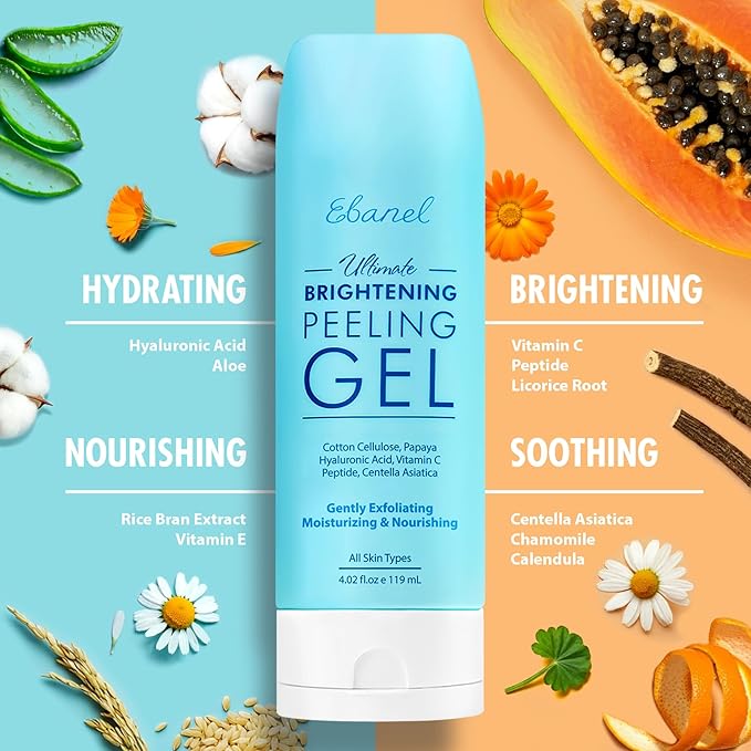 Ebanel 2-Pack Brightening Peeling Gel with Cotton Cellulose, Rice, Papaya, Centella, Hyaluronic Acid for Face and Body, Gentle Exfoliating Face Scrub Gel Peel Wash Pore Cleanser Minimizer Exfoliator
