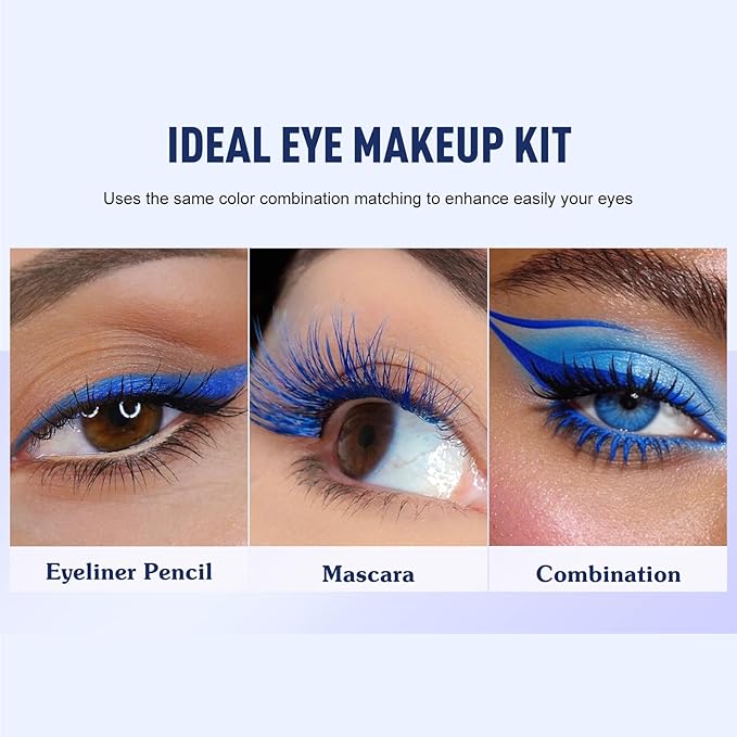 Blue Mascara Eyeliner Pencil Set, 5D Colored Mascara Volume Length Smudge-Proof Smooth Shine Gel Eye Liner Pen Waterproof Natural Curling for Eyelashes Makeup for Women