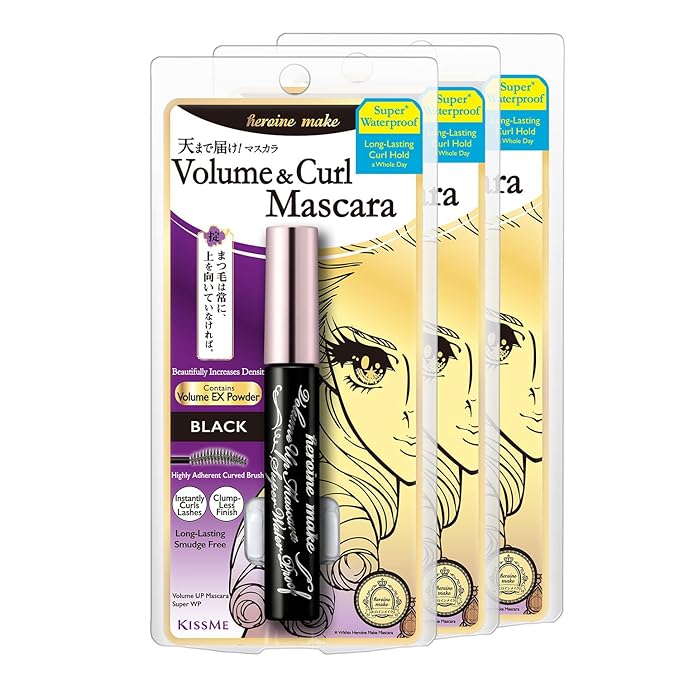 HEROINE MAKE by KISSME Volumizing Mascara Waterproof & Curvy Brush for Eye Makeup | Waterproof Mascara Volume & Length by Defining Fiber for Long-lasting Natural Eyelash Look, from Japan, Black, 3 EA