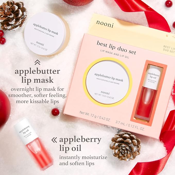 NOONI Korean Vegan Best Lip Duo | Applebutter Lip Mask and Appleberry Lip Oil Value Set | with Shea Butter, Apple Seed Oil and Vitamins, Overnight Lip Mask, Hydrating Lip Balm, Moisturizing