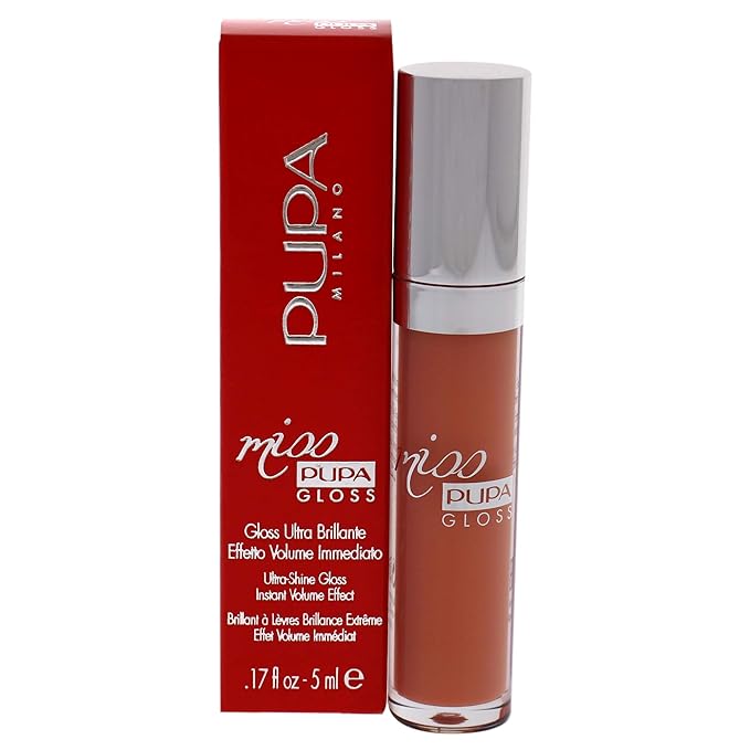 Pupa Milano Miss Pupa Gloss Lip Gloss - Ultra Shiny Gloss - Delivers Immediate Volume Effect - Soft Gel Texture Glides Smoothly on Lips without Stickiness - 201 Tender Apricot - 0.17 Oz