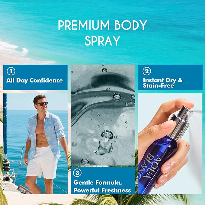 AQUA BLANCE Mens Body Spray, Travel Size Body Spray For Men, long lasting, 3-Pack Set, each 2.1 Fl Oz, Notes of Lemon, Amber, Oud, Leather
