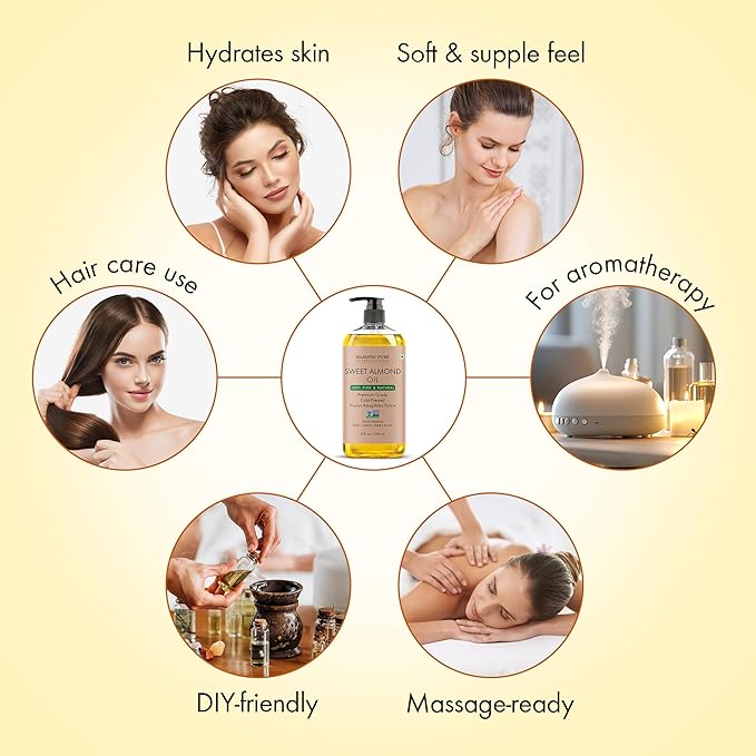 Majestic Pure Sweet Almond Oil - 100% Pure & Natural - Premium Grade, Cold-Pressed, Hexane-Free Carrier Oil for Skin, Hair and Body - Moisturizing Skin, Hair and Scalp - 8 Fl Oz