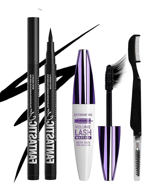 Waterproof Black Mascara&Liquid Eyeliner Pen Set,Volumizing Colored 5D Fiber Mascara for Eyelash Volume and Length Máscara,Longlasting Smudgeproof Matte Color Eye Liner Pencil Women Party Stage Use
