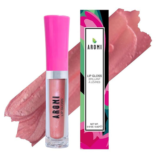Aromi Peachy Nude Lip Gloss | Beige Metallic Lip Oil for Women, Moisturizing Glossy Finish, Plumping, Shimmery (Peach Cobbler)