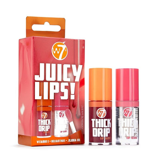 W7 Juicy Lips! Thick Drip Lip Gloss Duo Gift Set - Foolish & In The Clear - Hydrating Glossy Lip Glosses - Stocking Filler