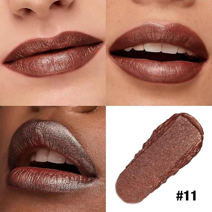 Dark Brown Shimmer Metallic Moisturizing Glow Plumping Lipstick Makeup, Lipstick with Metallic 3D Shine Lightweight Hydrating Formula, Glitter Lip Gloss Stain Long Lasting Waterproof (11#Dark Brown)