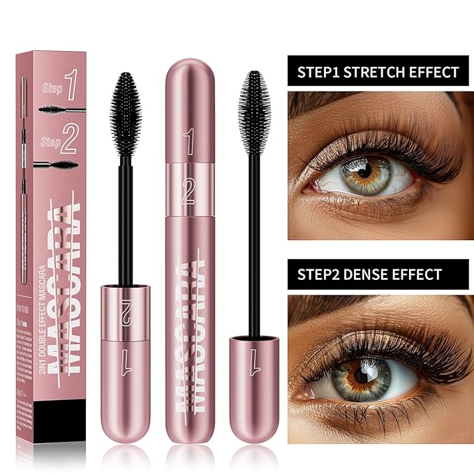 2-in-1 Mascara, Dual-Effect Lengthening and Volume, 4D Silk Fiber Lash mascara (Pink Tube, 1Pc)