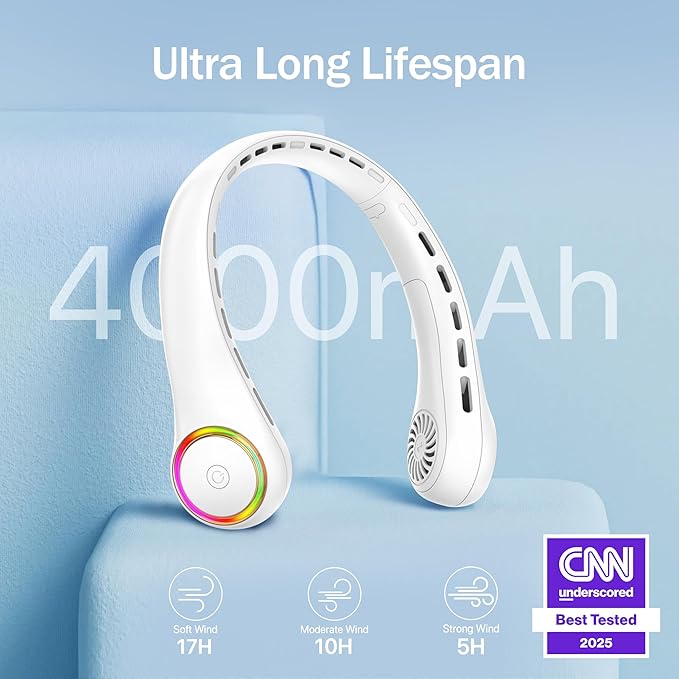 Portable Neck Fan, Personal Fan with 4000mAh Battery, Rechargeable Neck Fan with 3 Speeds and 64 Cool Lights, Birthday Gifts for Men Women Mom Dad, Hands Free Cooling fan for Summer(White)
