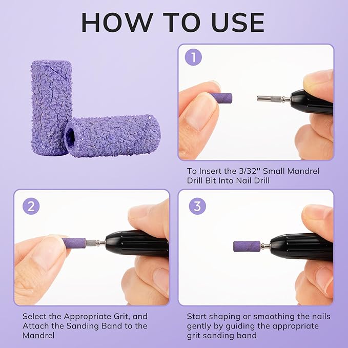 Lavinda Small Sanding Bands for Nail Drill with 3.1mm Mandrel Bit, 80 Piece Set Coarse Mini Sanding Bands Nail Drill Bits for Acrylic Nails Gel Manicures and Pedicures (80 Grit, Purple)