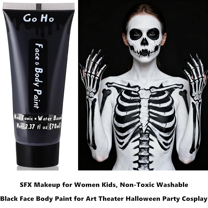 Go Ho Black Face Body Paint Washable(2.37oz/pc),Water Based Cream Face Paint,Vampire Skeleton Zombie Clown Makeup,Black Body Paint for SFX Cosplay Costumes Festivals Halloween Makeup