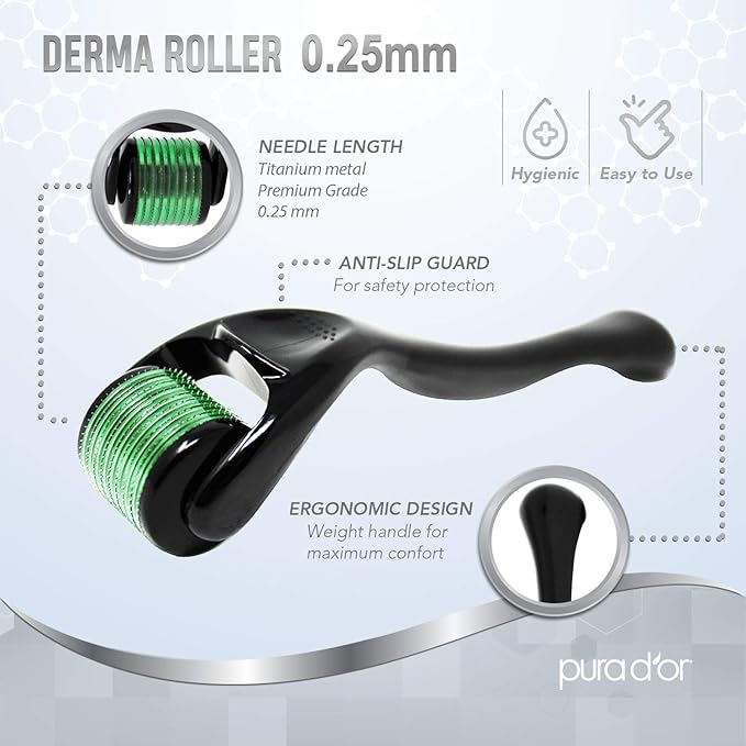 PURA D'OR 25% Vitamin C Serum 4 Oz + 0.25mm Derma Roller Set - Hyaluronic Acid & Retinol Microdermabrasion Skin Care Cosmetic Kit For Face & Eyes, Dark Spots - For Men & Women