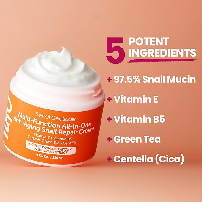 SeoulCeuticals Large 4oz 97.5% Snail Mucin Moisturizer Cream Korean Skin Care Day & Night Snail Repair for Face - K Beauty Anti Aging Facial Skincare