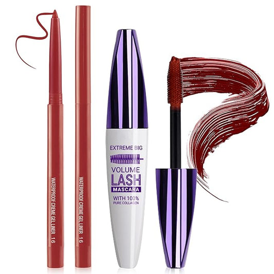 Burgundy Mascara and Eyeliner Set 5D Red Mascara for Eyelashed, Volumizing Curling Defining Eye Lashes, Long-Lasting Waterproof Red Eyeliner