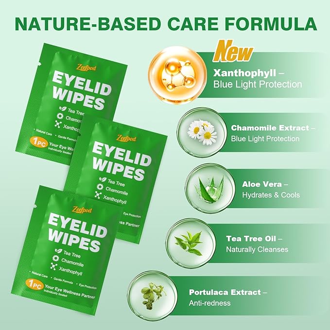60PCS Tea Tree Oil Eyelid Wipes – Individually Wrapped Eye Lid Cleaning Wipes，Soothing For Sensitive Eyes, Stay Hydrated Lid Wipe