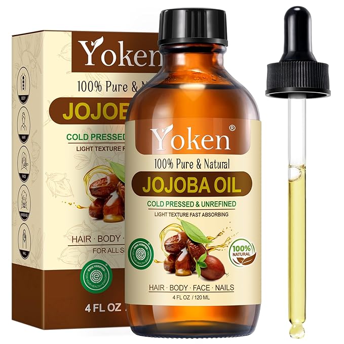 Yoken 4oz Jojoba Oil (EWG Verified) 100% Pure Cold Pressed Jojoba Oil for Face, Hair, Nails and Skin, Unrefined & Hexane Free, Natural Body Facial Moisturizer Multi-purpose oil Base Carrier Oil
