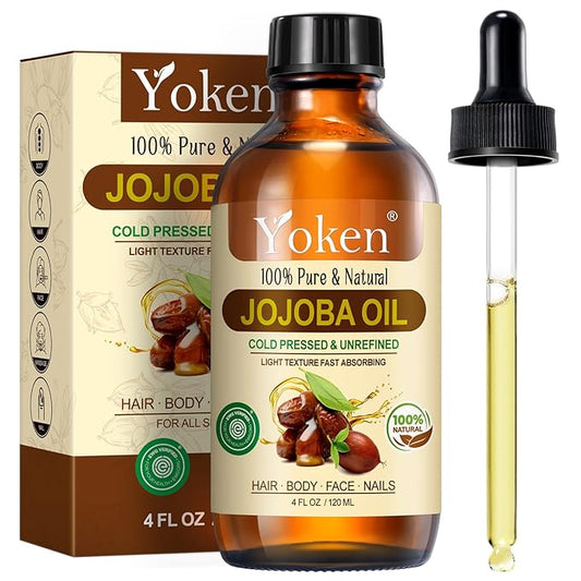 Yoken 4oz Jojoba Oil (EWG Verified) 100% Pure Cold Pressed Jojoba Oil for Face, Hair, Nails and Skin, Unrefined & Hexane Free, Natural Body Facial Moisturizer Multi-purpose oil Base Carrier Oil