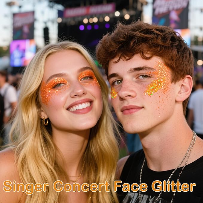 Orange Face Glitter Stick,Halloween Body Hair Glitter for Kids,Waterproof Singer Concert Outfits for Women,Mardi Gras Accessories Chunky Glitter Makeup Sequins Body Paint