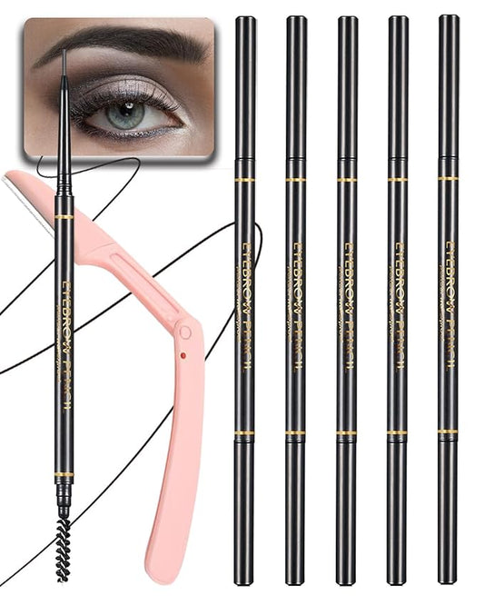 SUMEITANG Black Eye Brow Pencils for Women, 6Pcs Waterproof Eyebrow Pencil, 1.5mm Micro-Fine Tip & Spiral Brush with Brow Razors Perfect for Creating a Natural and Delicate Eyebrow Look Makeup