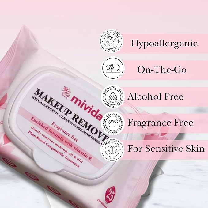 mivida Hypoallergenic Makeup Remover Wipes With Vitamin E, Alcohol Free & Fragrance Free Makeup Wipes For Sensitive Skin, Plant Based Make up Remover, Travel Friendly 25 Count