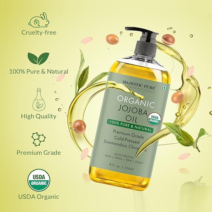 Majestic Pure USDA Organic Jojoba Oil - 100% Pure & Natural - Premium Grade, Cold-Pressed, Hexane-Free Carrier Oil for Skin, Hair and Body - Moisturizing Skin, Hair and Scalp - 8 Fl Oz