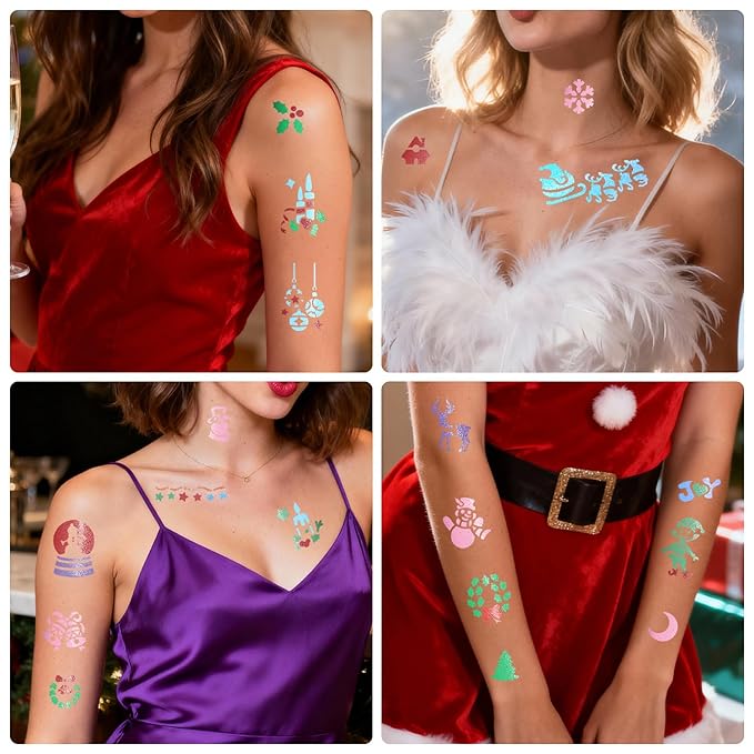 8 Metallic Temporary Tattoo Body Markers Pen Assorted Colors + 155 PCS Christmas Xmas Tattoo Stencils for Kids Adults Cosmetic Tattoos Pens for Skin Temporary DIY Face Body Art Set Party Favor