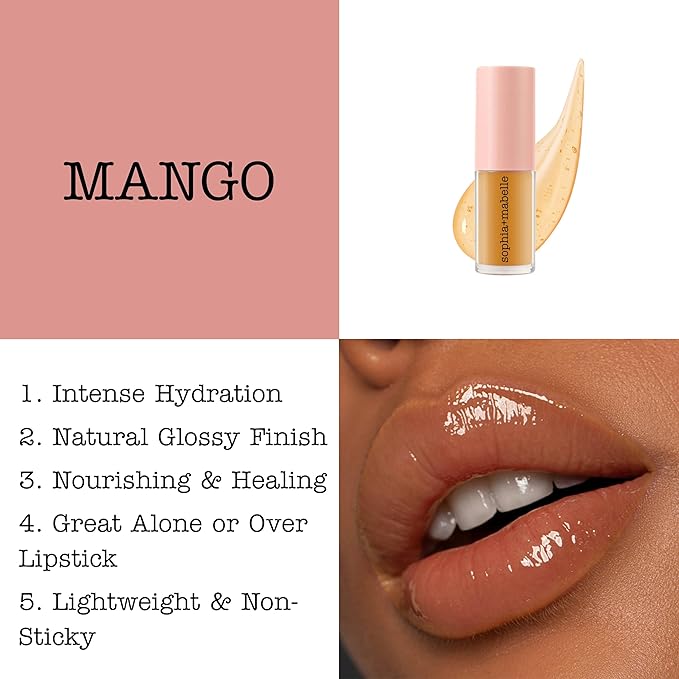 Sophia + Mabelle Hydrating Fruit Lip Oil – Lightweight, Non-Sticky, Tinted Gloss Oil – Nourishing, High-Shine, Flavored Lip Treatment – Yuzu, Lychee, Mango – 3.7g (MANGO (Citrus), Standard)