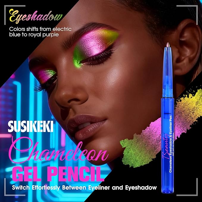 Chameleon Metallic Eyeshadow & Eyeliner Gel Pencil – Multichrome Shifting Colors Glitter Eye Makeup, Waterproof Long-Lasting Smudge-Proof Duochrome Pencil (Metallic Pink to Golden Olive)