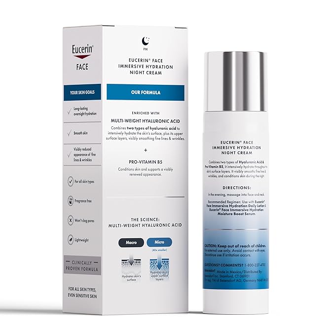 Eucerin Face Immersive Hydration Night Cream with Hyaluronic Acid and Provitamin B5, Face Moisturizer Smooths Fines Lines and Wrinkles, Holiday Gifts for Self Care, 2.5 Oz Bottle