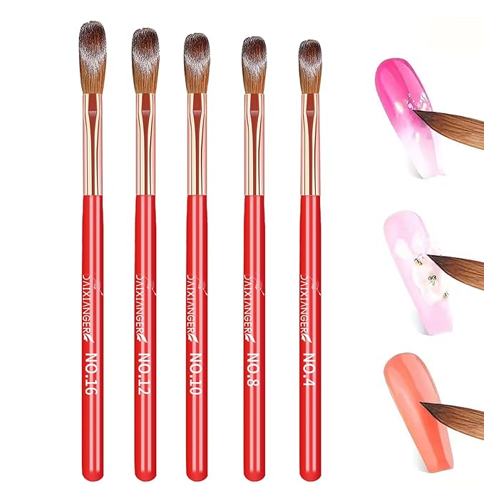 DAIXIANGER 5Pcs New Year Acrylic Nail Art Brush Set -Size 4/8/10/12/16, Red Handle Nail Brushes for Acrylic Application Powder & Nail Extension, 3D Nail Carving Tools for DIY Home Salon Manicure