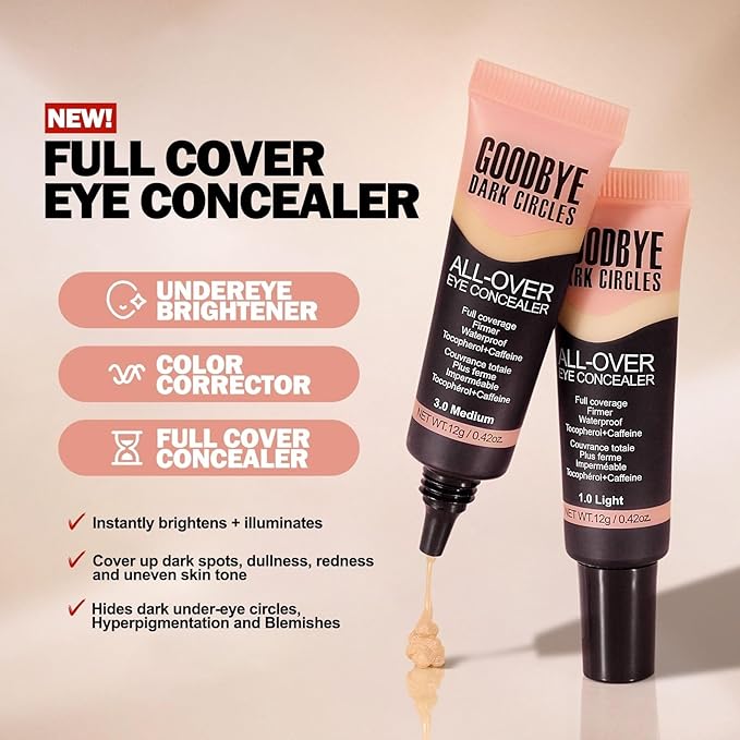 Liquid Concealer, Under Eye Full Coverage Concealers for Dark Circles, Fine Lines, Redness,Waterproof, Firming,Color Correcting Long lasting Makeup Concealer for Women (01#Light)
