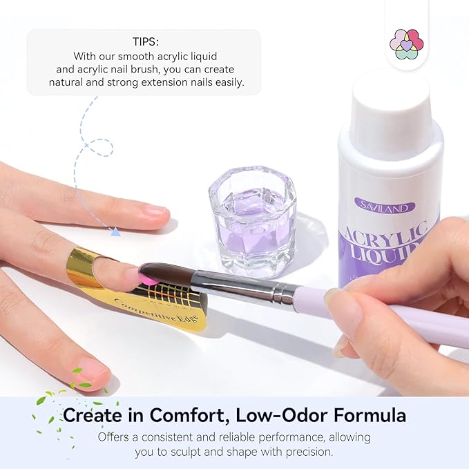 SAVILAND Monomer Acrylic Nail Liquid: 4.06 fl oz MMA-Free Acrylic Liquid Monomer with #12 Brush for Beginners, DIY Nail Art Extensions 3D Sculpting Non-Yellowing Low-Odor Formula for Home or Salon