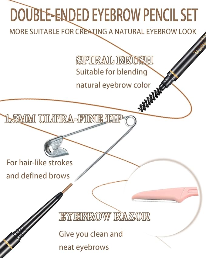 SUMEITANG Medium Brown Eye Brow Pencils for Women, 6Pcs Waterproof Eyebrow Pencil, 1.5mm Micro-Fine Tip & Spiral Brush with Brow Razors Perfect for Creating a Natural and Delicate Eyebrow Look Makeup