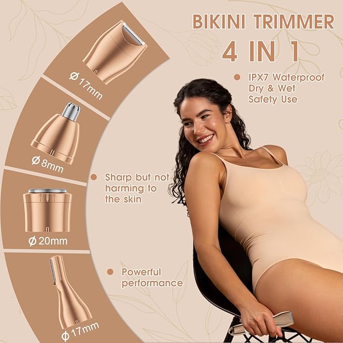 BLIBEE Hair Clippers & Bikini Trimmer for Women - Waterproof Electric Clippers and 4 in 1 Bikini Trimmer Set, Deluxe Hair Trimmer, Wet/Dry Body Shaver for Nose Eyebrows Beard Pubic Hair, Mauve