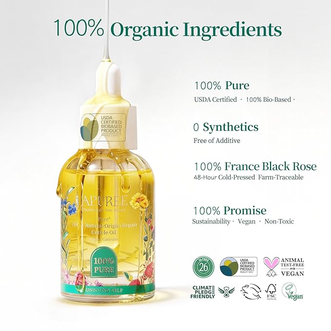 Apuree 1oz Bio-Based Cuticle Oil: 100% Pure| Deep Moisture for Damaged Cuticles| Black Rose Extract| USDA Verified & Cold Pressed Oil Hexane Free| Daily Nail Care| All Skin Types| Vegan