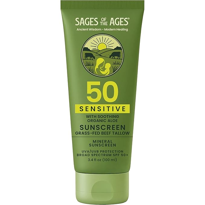 100% Mineral Sunscreen SPF 50 with Non-Nano Zinc Oxide — Reef Safe UVA/UVB Broad Spectrum Sunblock, Water Resistant 80 Min, Moisturizing Tallow Lotion for Face & Body, 3.4 fl oz