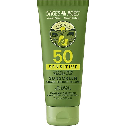 100% Mineral Sunscreen SPF 50 with Non-Nano Zinc Oxide — Reef Safe UVA/UVB Broad Spectrum Sunblock, Water Resistant 80 Min, Moisturizing Tallow Lotion for Face & Body, 3.4 fl oz