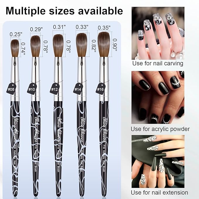 Shine Chance Acrylic Nail Art Brush Size 8, 100% Pure Kolinsky Hair Oval for Application, Professional Extension Manicure Tool Striping Drawing Pen DIY Home Salon, Black