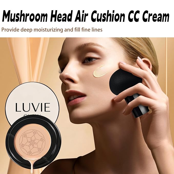 Luvie Glow Foundation Cushion, Mushroom Head Air Cushion CC Cream, Air Cushions Foundation Long Lasting Matte Concealer for All Skin Types (Ivory)