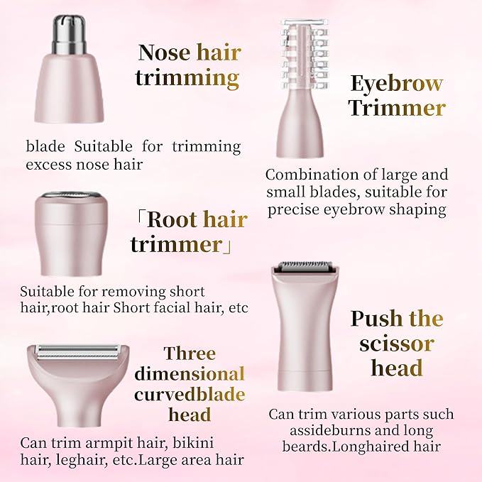 5-in-1 Rechargeable Nose & Facial Hair Trimmer - IPX7 Waterproof Dual Edge Grooming Kit for Men & Women, Perfect for Hair Removal of Nose, Eyebrows, Arm, Bikini, and Ear Hair (Pink)